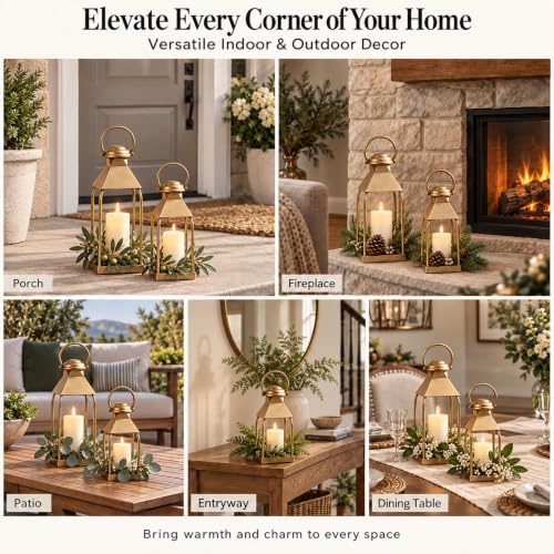 Antique Gold Decorative Metal Lanterns Indoor Outdoor Set of 2