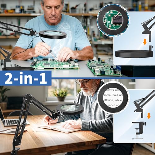 HITTI 10X Magnifying Glass with Light, 1,800 Lumens Stepless Dimmable, 3 Color Modes, 4.2″ Real Glass Lens LED Desk Lamp & Clamp, Magnifier Light and Stand for Crafts, Soldering, Fly Tying, Close Work