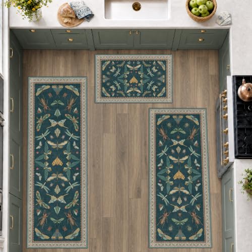 Vintage Insect Kitchen Rug Set of 3, Teal Washable Non-Slip Mats