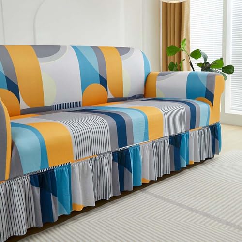 Stretch Sofa Cover, High Elastic Fabric 1 2 3 4 Seater Couch Slipcover, Machine Washable Sofa Cover Universal Non Slip Couch Cover with Skirt (F,1 Seater/35-55in)