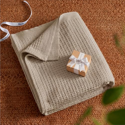 Bedsure 100% Cotton Throw Blanket for Couch 50x70 inches - Cooling Breathable and Soft for Summer, Waffle Weave Throw Blanket for Office, Taupe