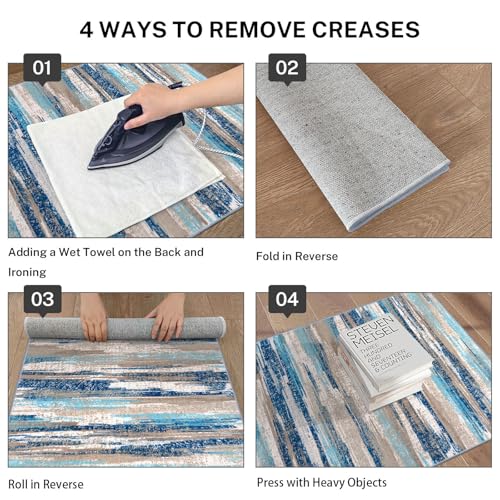 Lansny Abstract Runner Rug 2x6, Blue Washable Hallway Runner Rug Non-Slip, Soft Printed Kitchen Runner, Thin Faux Wool Runners for Hallways, Modern Floor Carpet for Entryway Bedroom Hall Indoor