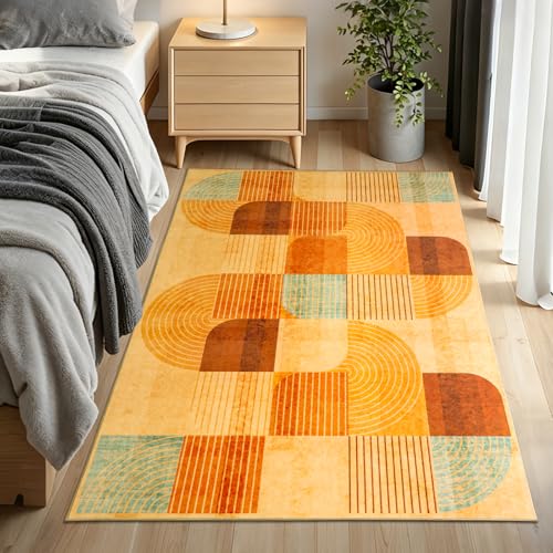 Modern Geometric Washable Large Entryway Rug Indoor, 3x5 Orange