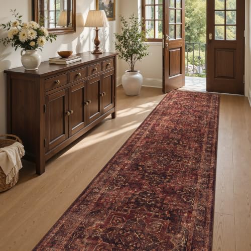 Washable Hallway Runner Rug 2'x10', Vintage Medallion, Dark Red