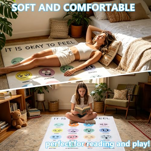 3.3x4ft Calming Corner Classroom Rug Educational Sensory Emotion Feelings Carpet Reading Corner Items Rug Soft Fluffy Mental Health Rugs Washable Non Slip Carpet Floor Mat for Playroom School Nursery