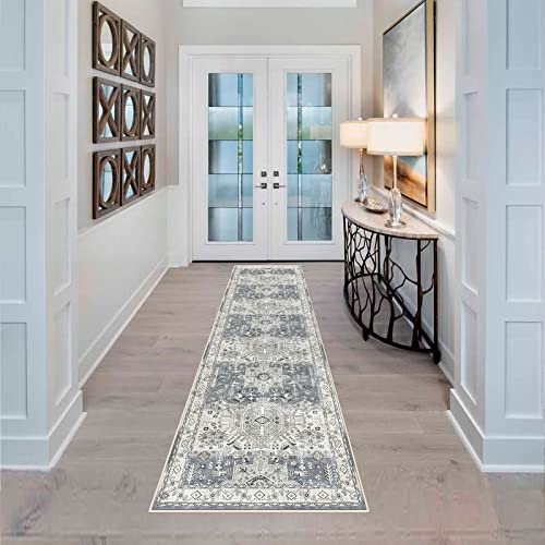 Washable 2x7 Runner Rug for Hallway: Soft Vintage Kitchen Rugs Non-Slip Rug Runner with Rubber Backing for Bathroom Entryway Low Pile Non Shedding Farmhouse Runner Rug (Grey/Blue, 2X7)