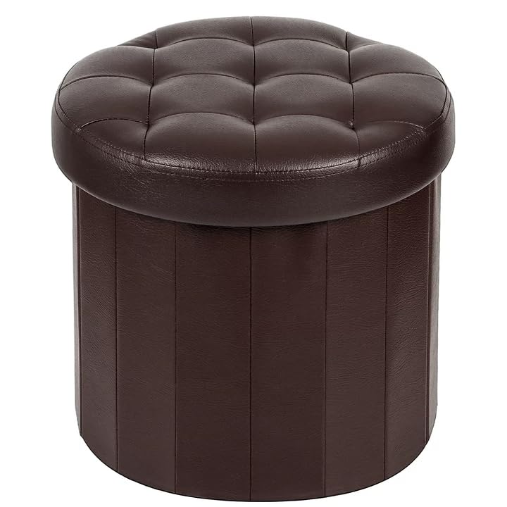 Bsketa Round Storage Ottoman, 14" Folding Leather Foot Rest Stool,Brown