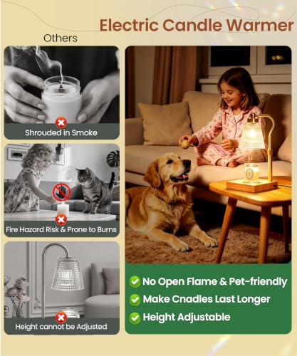 Height Adjustable Candle Warmer Lamp with Timer, 3 Dimmable Wax Melt Warmer, Birthday Gifts for Women Mom, House Warming Gifts New Home Decor, Candle Warmer for Jar Candles with 2 Bulbs, Gold-Clear