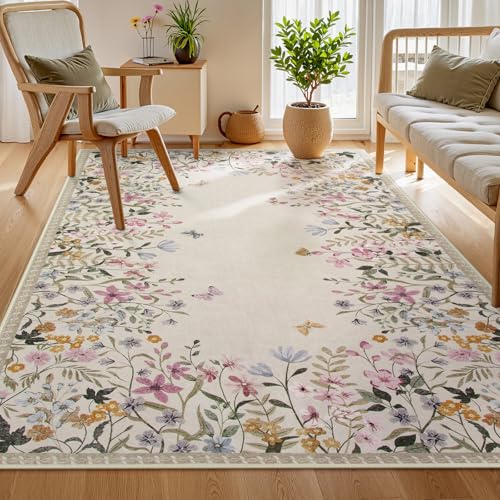 Wonnitar 5x7 Area Rug for Living Room, Floral Washable Rug for Bedroom, Boho Botanical Nursery Rug, Non Slip Soft Farmhouse Carpet, Beige Kids Playroom Decor (5x7 Beige)
