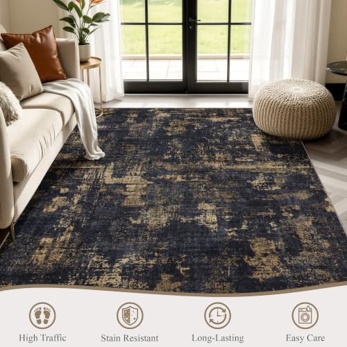 Sasttie 5x7 Washable Area Rug, Modern Abstract Carpet, Black & Gold