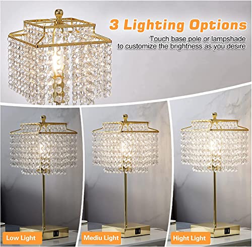 Crystal Touch Table Lamp, Bedside Lamps with with USB C+A Ports, Gold Bedroom Lamp, Dimmable Lamp with Crystal Shade, Nightstand Lamps for Bedroom, Living Room, Bulb Included