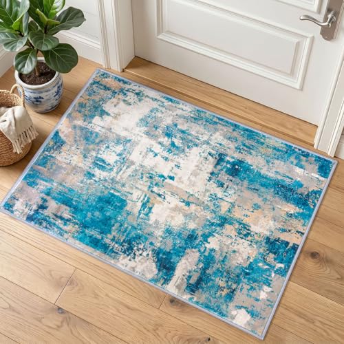 KOZYFLY Abstract Small Area Rugs 2x3 Washable Door Mat Turquoise/Beige/Grey