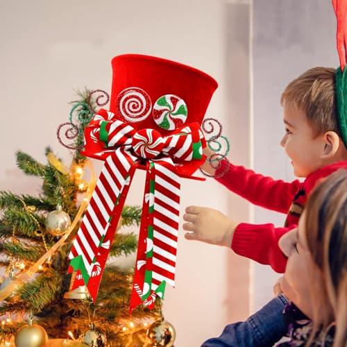 Christmas Candy Canes Tree Topper Red Hat with Peppermint Bows Ornament Winter Lollipop Holiday Home Decoration Xmas Festive Gift Ideas Supplies