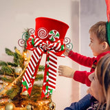 Christmas Candy Canes Tree Topper Red Hat with Peppermint Bows Ornament Winter Lollipop Holiday Home Decoration Xmas Festive Gift Ideas Supplies