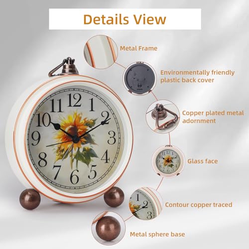 Classic Vintage Table Clock - 5.2in Cute Sunflower Analog Clock, Silent Non-Ticking Desk Clock with Distressed Metal Frame for Office, Living Room or Bedroom (Sunflower)