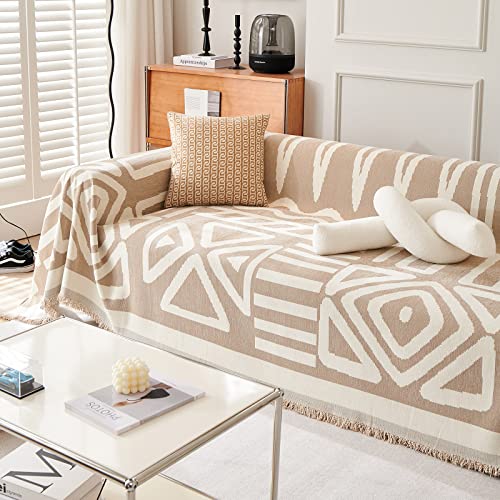 VClife Couch Cover, Boho Tribal Geometric Sofa Cover, Beige-White, 71X118 | Chenille Fabric, Soft Thick, Easy Care, Dog Western Couch Cover for 2 Cushion Couch Sofa, Multi-use Furniture Protector