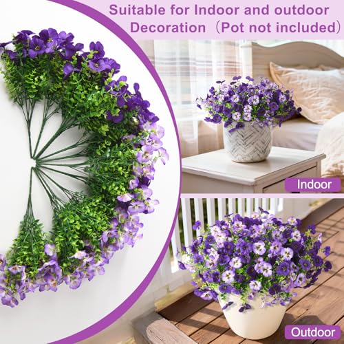 INQCMY Fake Artificial Pansy Flowers for Outdoor, Faux Silk Pansies Flower 12 Pcs Spring Summer Decoration, UV Resistant Fake Plants for Outside Planter Porch Yard Patio Home Decor(Double Purple)