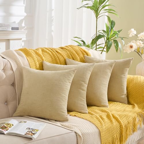 GAWAMAY Khaki Chenille Throw Pillow Covers 18x18 Set of 4 for Couch