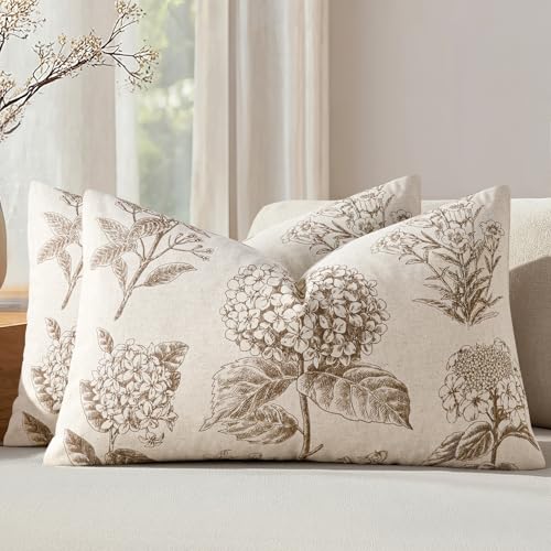 Set of 2 Lumbar Floral Pillow Covers 12x20 Inch Light Brown