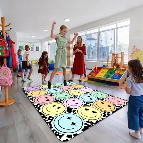 3.3x6.6 ft Pastel Smile Face Classroom Rug Composition Notebook Play Carpet Educational Area Rug Pastel Face Play Mat Non-Slip Back to School Floor Mat for Teaching Playroom Nursery Daycare Home Decor