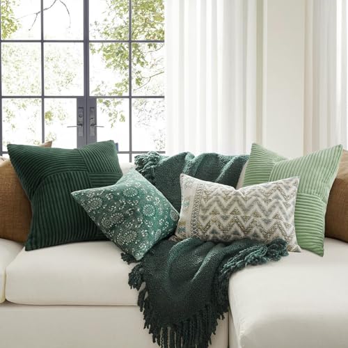 Topfinel SageGreen Throw Pillow Covers 18X18 Inch Set of 4,Boho Farmhouse Cozy Cushion Cover with Corduroy,Soft Accent Forest Green Pillow Covers for Couch,Bed,Living Room Home Decor