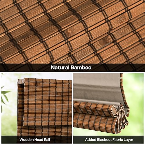 LazBlinds Cordless Blackout Bamboo Roman Shades, Room Darkening Blinds for Interior Windows, Thermal Insulated Roll Up Bamboo Blinds for Home & Patio, 34" W x 64" H, Penang Teak