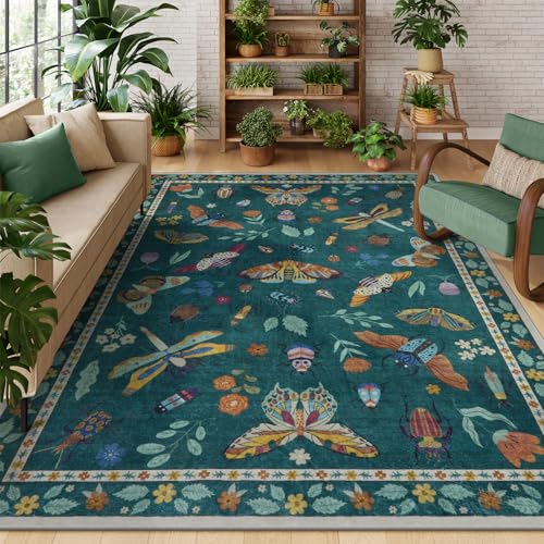 Lahome Insect Print 5x7 Area Rugs for Living Room, Soft Washable Rugs for Bedroom Ultra-Thin Non Slip Modern Rug, Throw Rug Carpet for Office Nursery Dining Room Vionnet(5'x7',Dark Green)