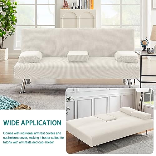 4 Pieces Stretch Futon Covers Sofa Bed Slipcover with Removable Armrests and Cupholders Covers Furniture Protector High Spandex Small Checks Jacquard Fabric (New Ivory)