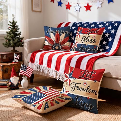 ONFAON 4th of July Freedom Throw Pillow Cover 18x18 Inch,Let Freedom Ring Stars Red White Flower Patriotic Independence Memorial Day USA Flag Cushion Case for Sofa Couch Set of 4
