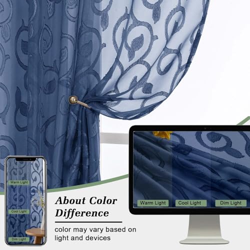 Dusty Blue Sheer Curtains 84 Inches Long 2 Panels Set for Bedroom Living Room, Soft Solid Airy Elegant Geometric Jacquard Clip Light Filtering Curtains Drapes, 2Pcs Total Wide 84" Inch