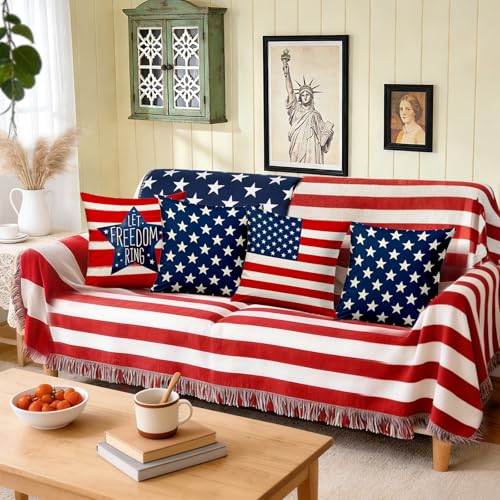 4th of July Pillow Covers 18x18 Inch,Set of 4 Red White Blue Summer Outdoor Throw Patriotic Pillow Covers,USA Flag Linen Fourth of July Independence Memorial Day Cushion Case for Sofa Couch Decor