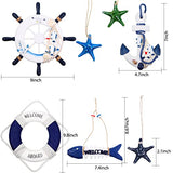 Marsui 11 Pcs Wooden Nautical Wall Decor Fishing Net Decorations, Include Decorative Fishing Net, Ship Wheel, Fish Skeleton, Life Ring, Anchor, Starfish Beach Decor for Mediterranean Party (Blue)