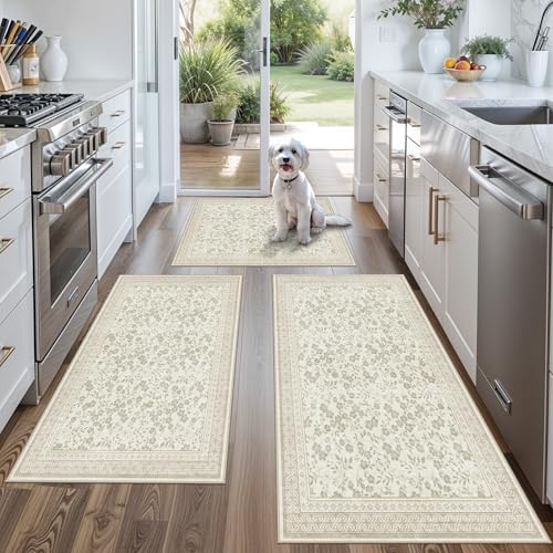 Kitchen Rug Sets 3 Piece, Washable Non-Slip Farmhouse Kitchen Mats for Hardwood Floor, Rustic Floral Boho Runner Rug for Sink,Entryway & Hallway & Bathroom (Beige/Floral,2x3-2x4-2x5)