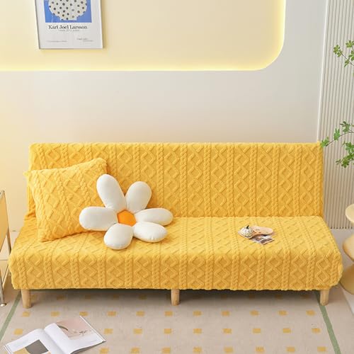 Thick Armless Folding Futon Sofa Slipcover,One Piece Spandex Camper Couch Bed Covers, Solid Color Decorative Knit Dust Proof Furniture Protector Yellow 150-185cm