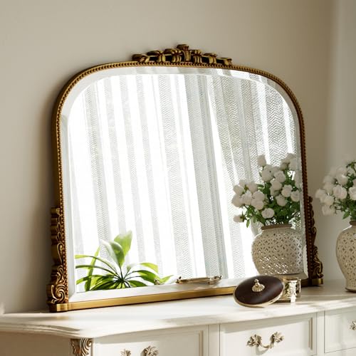 Wall Beaded Mirror, 36 x 27 Inch Round Top Right Angle Wall Mirror, Tempered Glass, Rust Resistant, Horizontally or Vertically Hanging, Gold