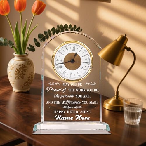 Personalized Crystal Quartz Clock, Retirement Gift for Women, Men, Retirement Clock Quartz Desk Clock, Premium Crystal Clear Glass Plaque, Retired for Teacher, Boss, Leader, Doctor