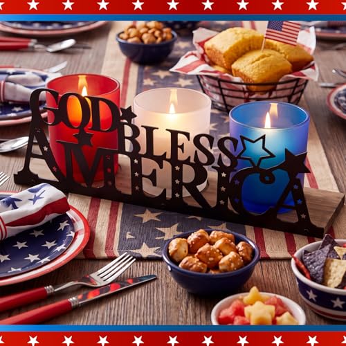 250 Anniversary Decorations with 3 Glass Votive 1 Wooden Tray God Bless America Decor Patriotic Red Blue White Table Decorations 4th of July Rustic Decor for Memorial Independence Day