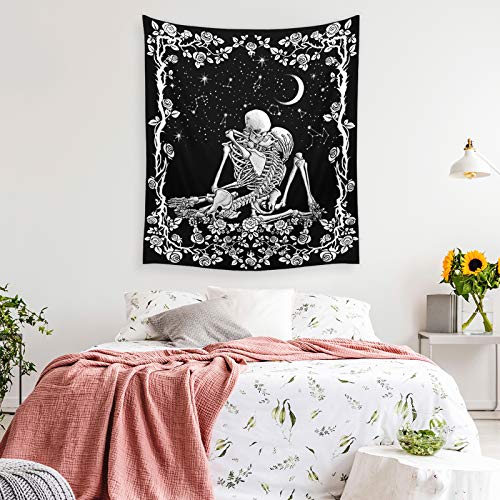Wonrizon The Lovers Skull Tapestry,Black and White Romantic Constellation Skeleton Tapestries Wall Hanging decor for Living Room Bedroom (51.2”x 59.1”)