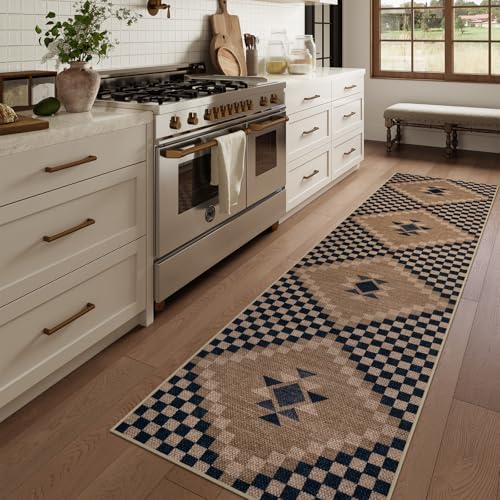 LIVEBOX Easy Jute Runner Rugs for Hallway 2x10, Non Slip Washable Rug Runner, Checkered Extra Long Rugs for Hallways, Ultra Thin Farmhouse Kitchen Rug for Hardwood Floor