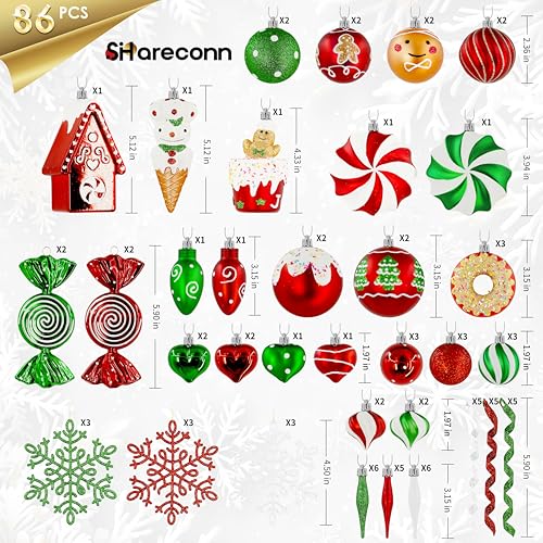 SHareconn 86pcs Christmas Tree Balls Ornaments, Shatterproof Plastic Decorative Baubles for Christmas Tree Decorations, Holiday Wedding Party Decoration, Festive Ornaments, Red Green White
