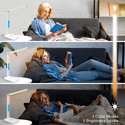 Desk Lamp with Wireless Charger, USB Charging Port, Dimmable Office Desk Light with Clock, Alarm, Date, Temperature, Foldable Lamp for Table Bedroom Bedside Office (White)