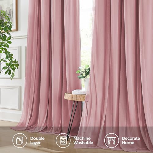 100% Blackout Curtains for Bedroom, Double Layer Pink Curtains, Black Out Curtain 84 inch Long with Sheer Overlay for Living Room, Room Darkening Window Drapes with Grommet, 52" W x 84" L