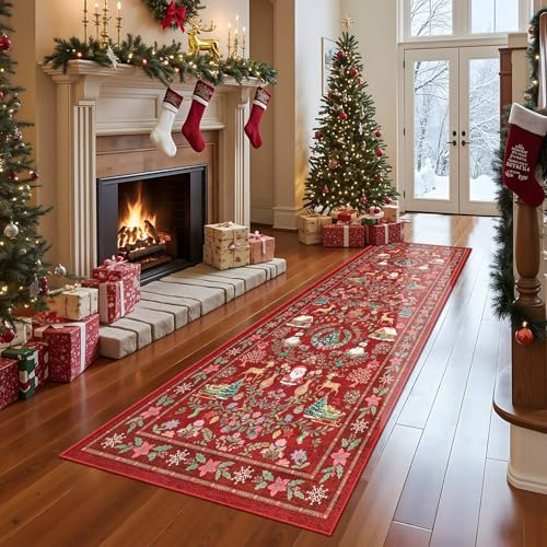 Christmas 2x6 Runner Rug for Hallway Kitchen Entryway, Red