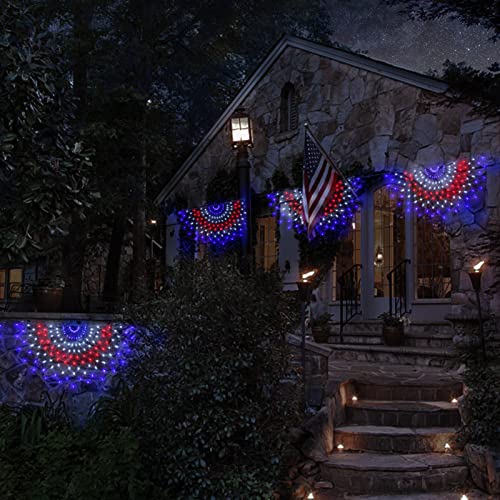 3 Packs American Flag Lights Outdoor - 4x2 FT Half Fan Shape Patriotic Net Light with 8 Modes, 450 LED Waterproof Red White and Blue Lights, 4th of July Memorial Day Decorations for 250th Anniversary