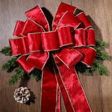LaRibbons Large Red Velvet Christmas Tree Topper Bow, 13"x51" Holiday Ribbon Tree Topper, Classic Christmas Tree Decoration with Gold Trim, Xmas Indoor Outdoor Ornament
