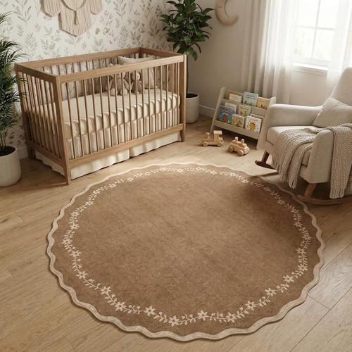 GarveeHome Christmas Round Rugs 6ft Brown Scalloped Washable Circle Rug