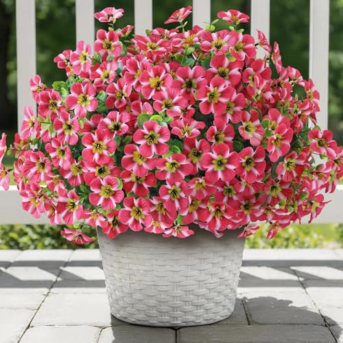 VIERENA 12 Bundles Artificial Flowers and Eucalyptus for Outside, Sun Resistant Silk Fake Morning Glory with Faux Eucalyptus Plants for Garden Porch Farmhouse Home Spring Summer Decor (Rose Red)