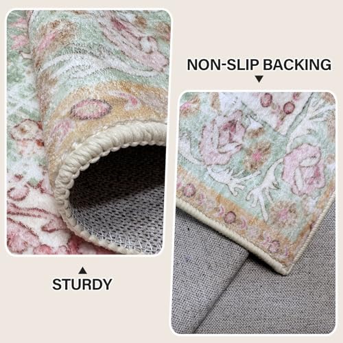 Vhong Washable Area Rugs Boho Vintage Modern Neutral Large Carpet Green and Pink High Traffic Rugs 5×7 for Dinning Room Living Room Bedroom Farmhouse Non Slip
