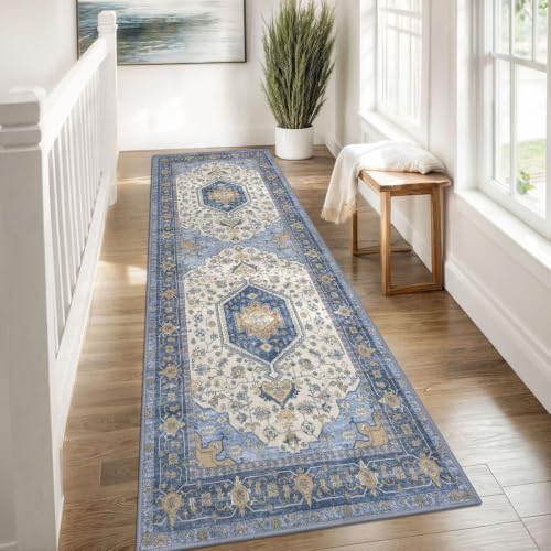 Vintage Washable Runner Rug, 2.6x8 Runners For Hallways Blue Brown