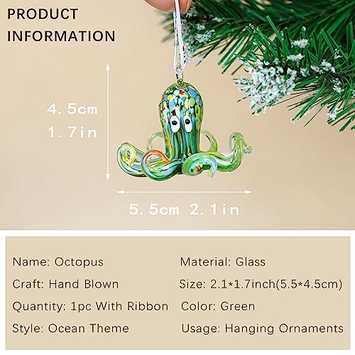 2'' Art Glass Octopus Coastal Hanging Ornament Blown Glass Sea Animal Pendant Collection for Christmas Tree & Beach Holiday Decoration